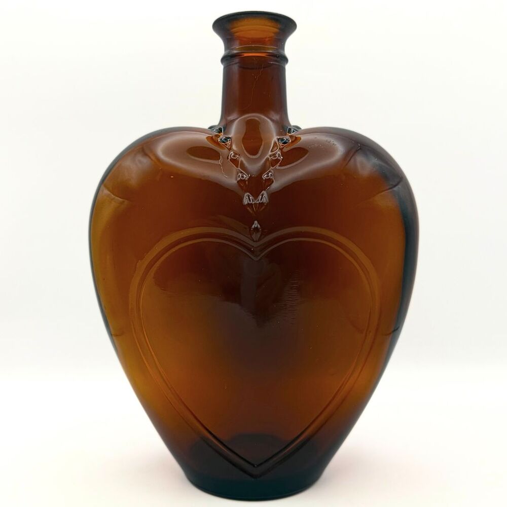 Vintage Paul Masson Glass Heart Shaped Empty Liquor Bottle Dark Amber 8"